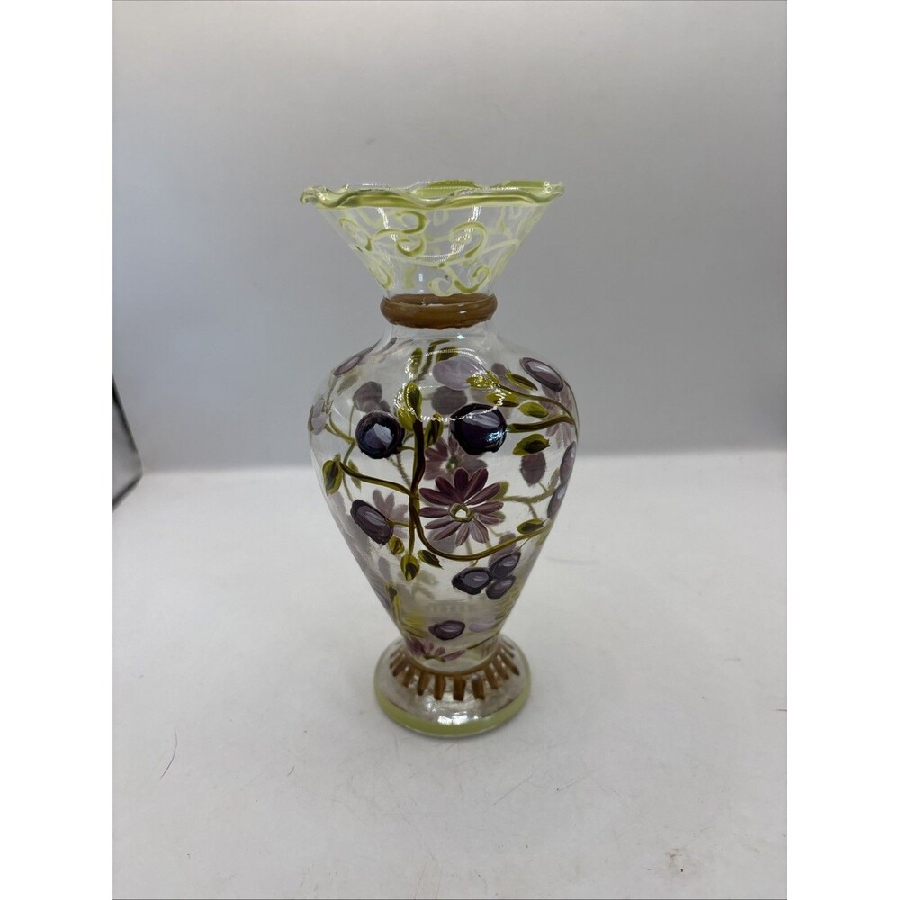 Hand Painted Tracy Porter  Clear Floral Glass Vase 6.5”